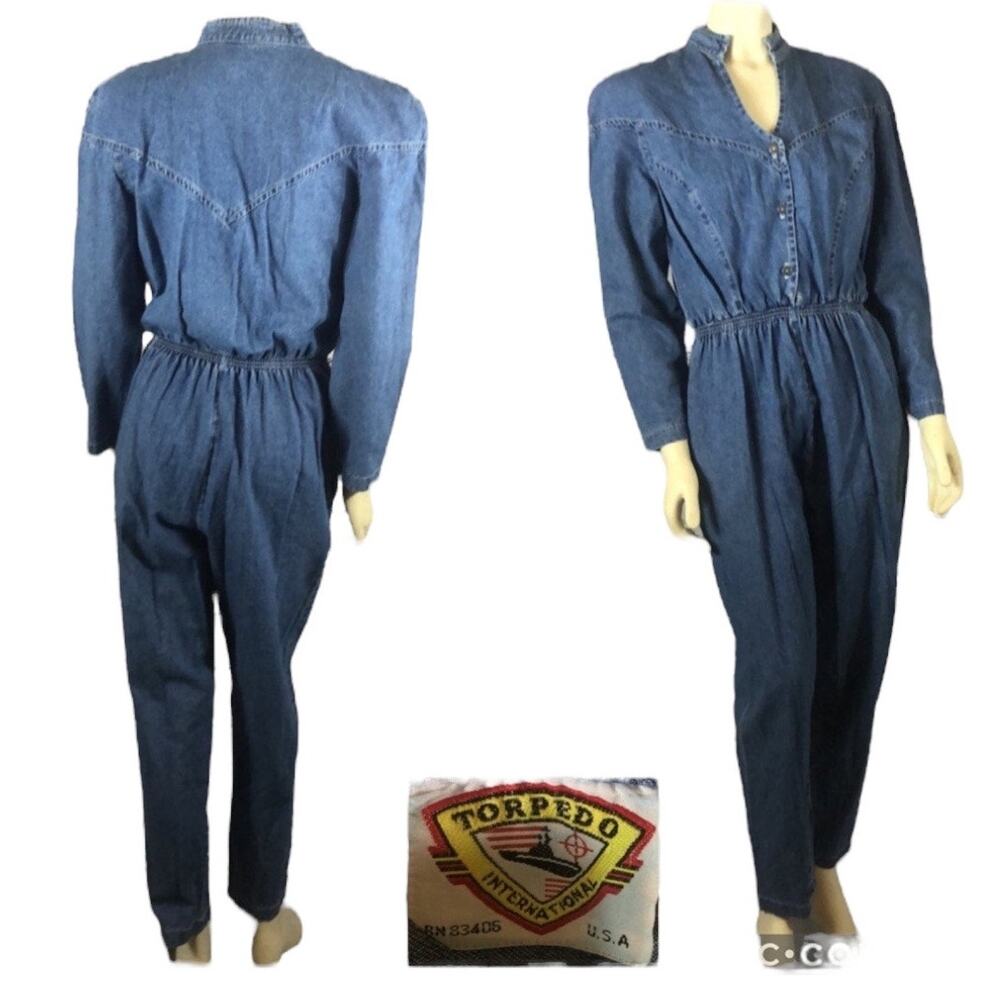 Vintage 1980s Torpedo International Denim Jumpsuit USA Western medium - Picture 8 of 12